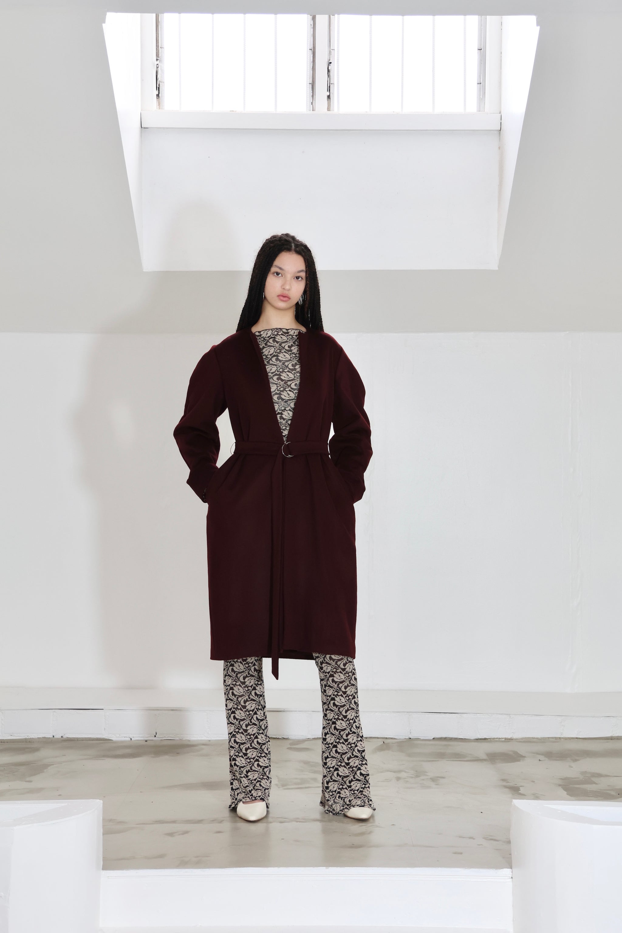 Jojo Ross Otherworldly Coat Burgandy Wool Cashmere Pile Luxury