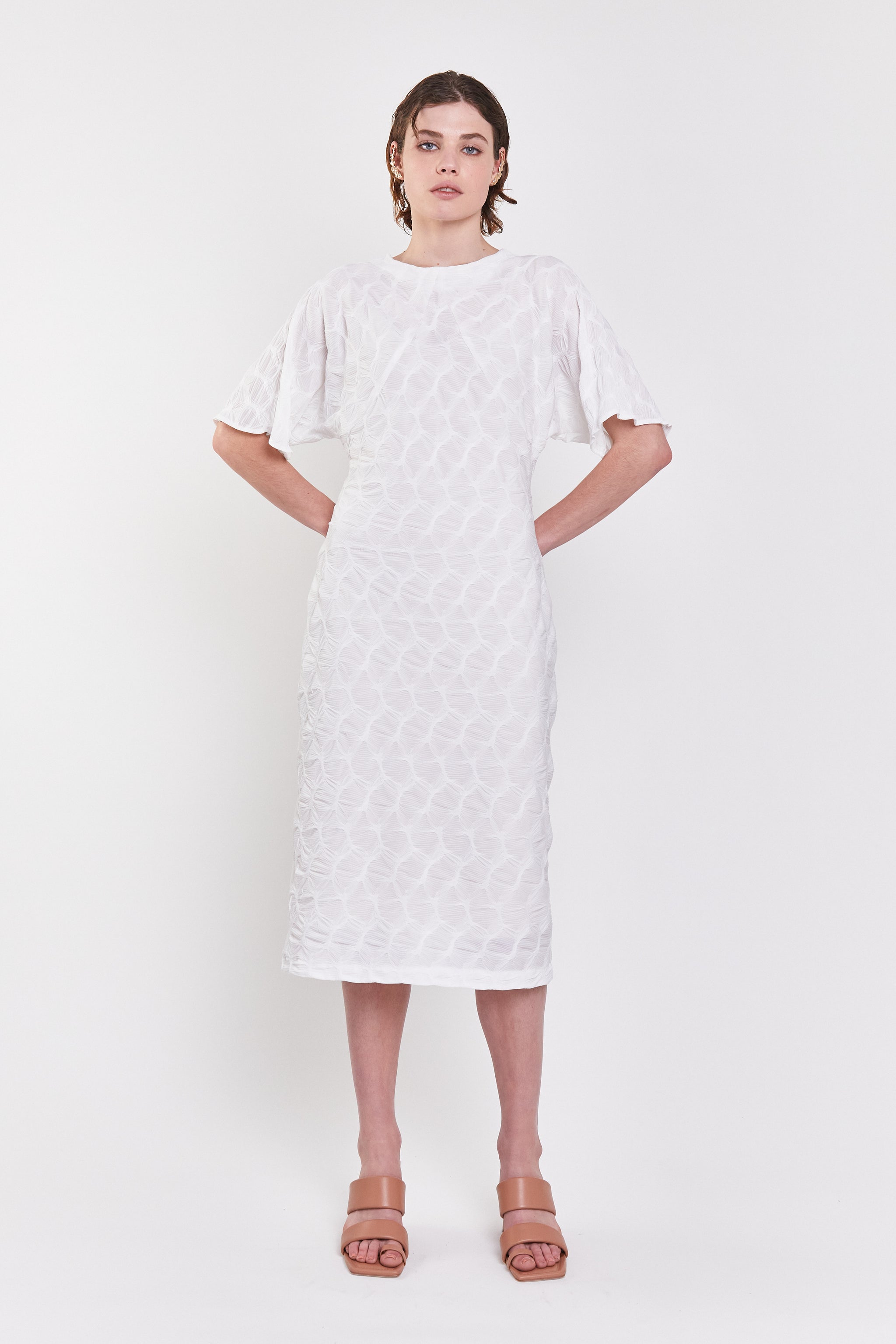 Jojo Ross Waves Dress White Bubble Stretch Kimono Draped Sleeve Pleated Made in NZ